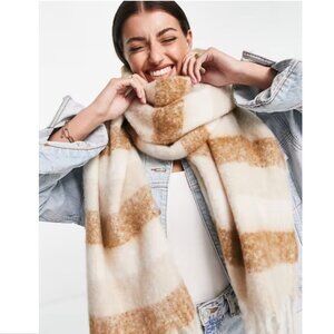ASOS DESIGN long fluffy tonal stripe scarf in camel